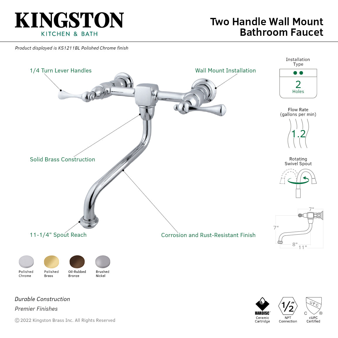 Kingston Heirloom KS1215BL - Heritage Double-Handle 2-Hole Wall Mount Bathroom Faucet, Oil Rubbed Bronze — thumbnail 2